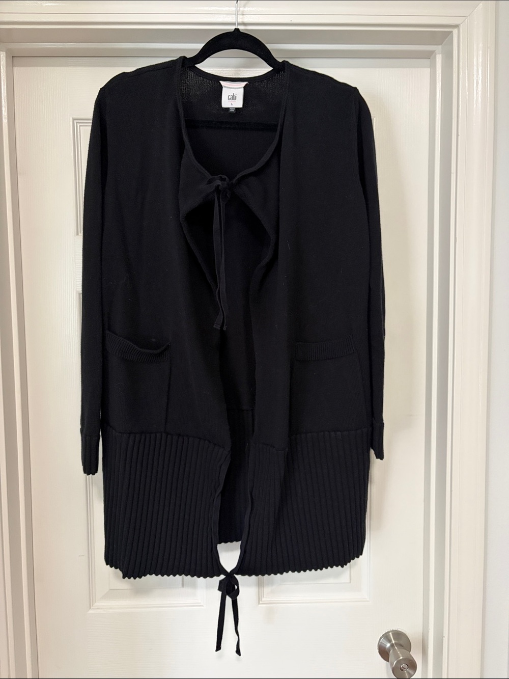 Cabi Black Open-Front Tie-Detail Cardigan